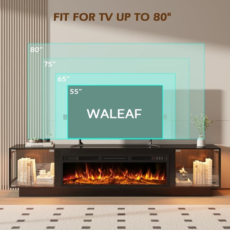 BOSSIN 80" Fireplace TV Stand with Adjustable LED Lights, Modern Entertainment Center with Glass Door Storage Cabinet, Black