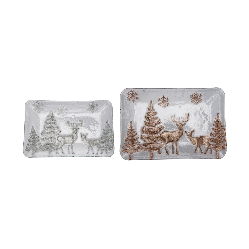 Transpac Glass 12.2 in. Multicolor Christmas Winter Landscape Scene Platter Set of 2