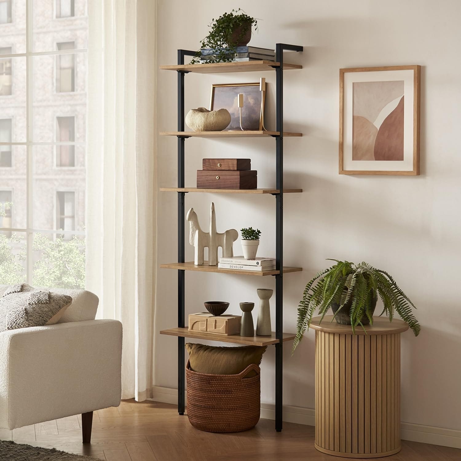 5-Tier Ladder Book Shelf, Wall-Mount Storage Rack, Farmhouse Industrial Narrow Bookcase