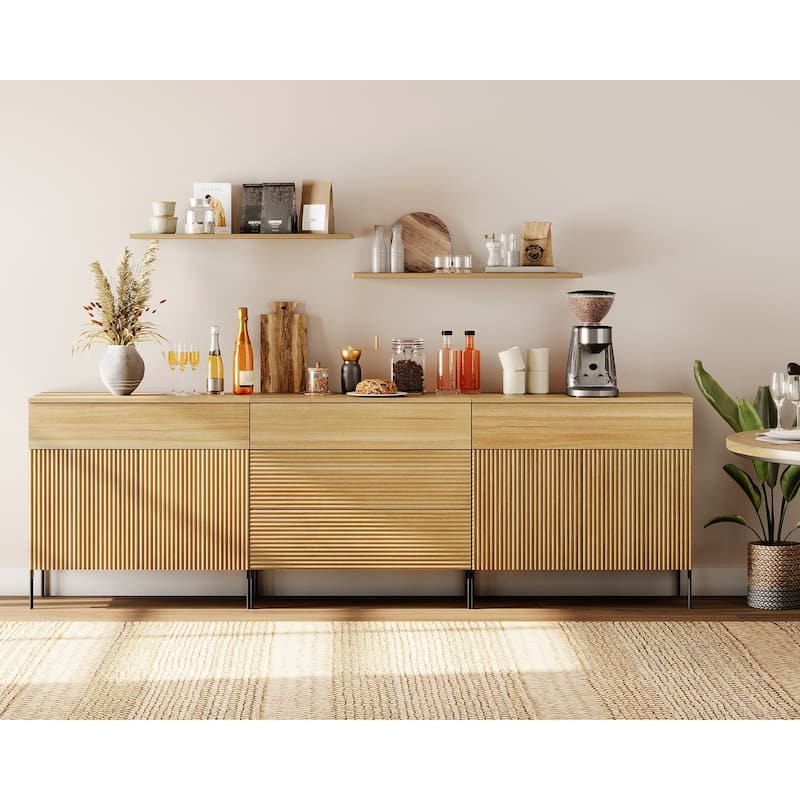 94.5" Modern Reeded Minimalist Sideboard With Doors And Drawers, 3-In-1 Wooden Credenza - Oak