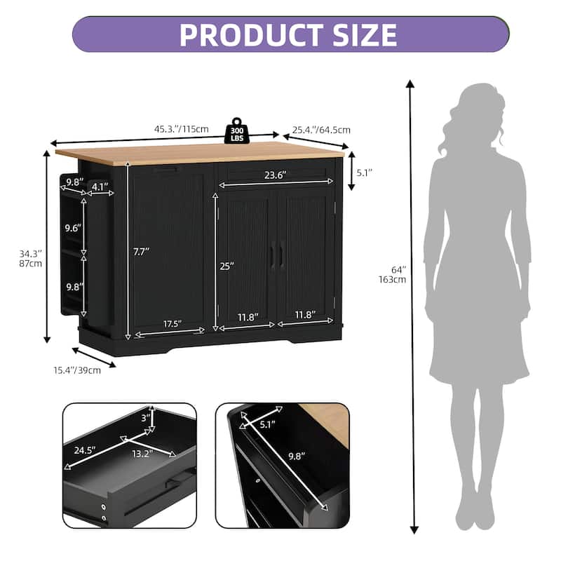 Moasis 50 Inch Drop Leaf Rolling Kitchen Island With Trash Can Storage Cabinet And Drawer