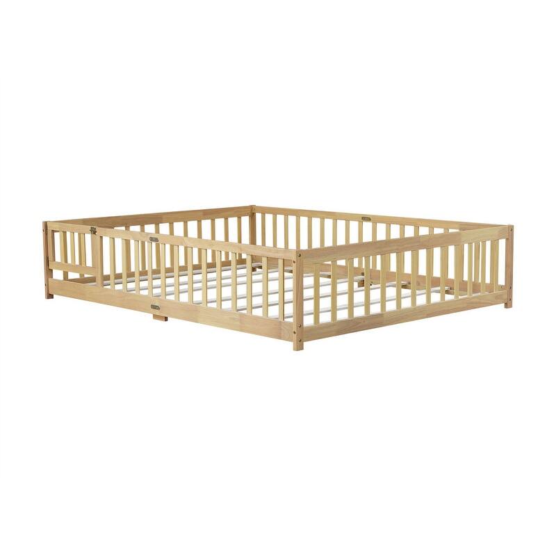 Twin/Full/Queen Size Floor Bed with Fence Guardrails and Door, Rubber Wood Toddler Bed Montessori Bed with Slats Support