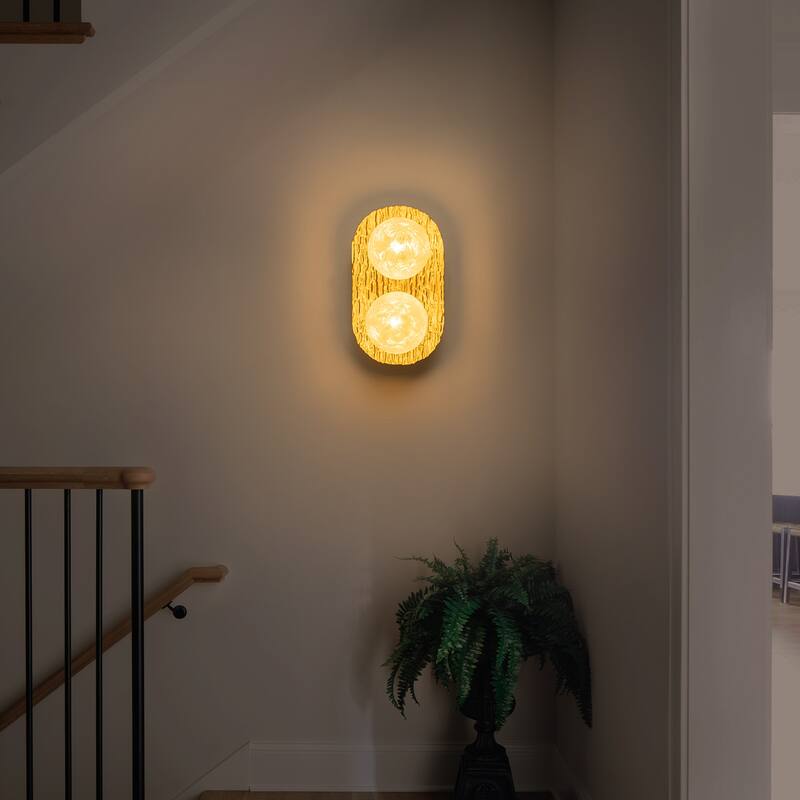 2-Light Textured Gold Metal Wall Sconce Frosted Crackled Glass Globe