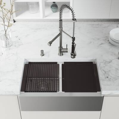 VIGO Matte Stone Double Bowl Kitchen Sink Set and Greenwich Faucet