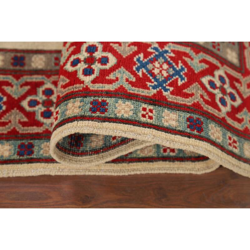 Ivory Geometric Kazak Foyer Rug Handmade Traditional Wool Carpet - 4'1" x 6'0"
