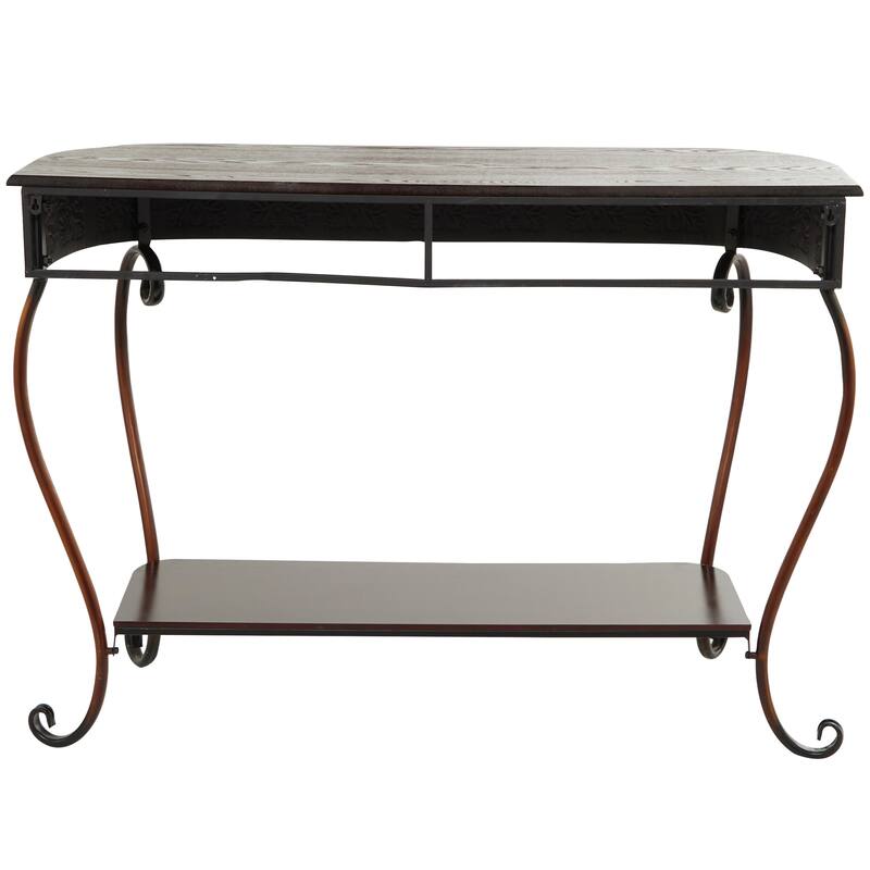Metal Floral Embossed 1 Shelf Console Table with Ornate Scroll Legs - Brown - Roche River Decor - 14"Wx43"Lx32"H