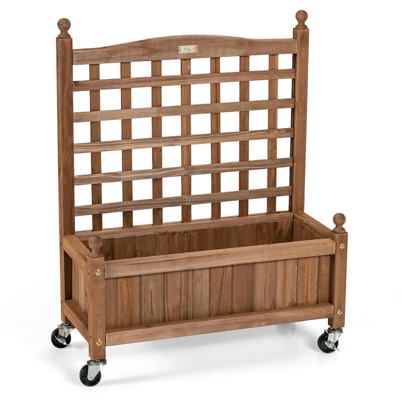 Gymax 32in Wood Planter Box w/Trellis Mobile Raised Bed for Climbing - 25'' x 11'' x 32.5''