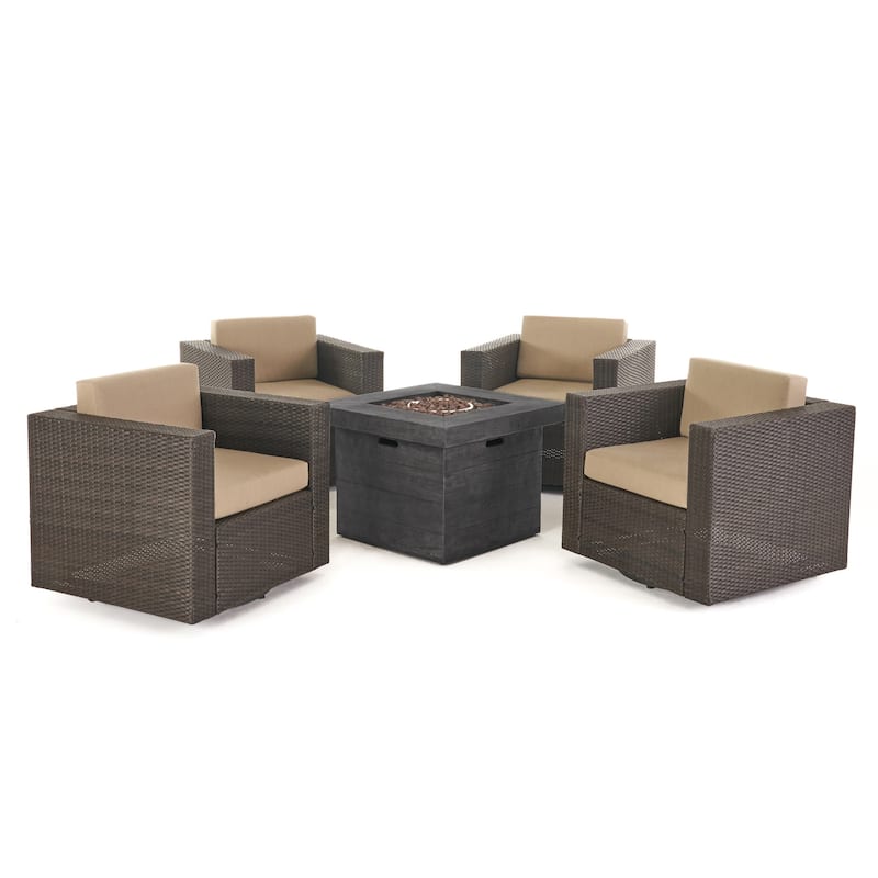Puerta Outdoor 4-piece Wicker Swivel Chair Set with Square Firepit by Christopher Knight Home