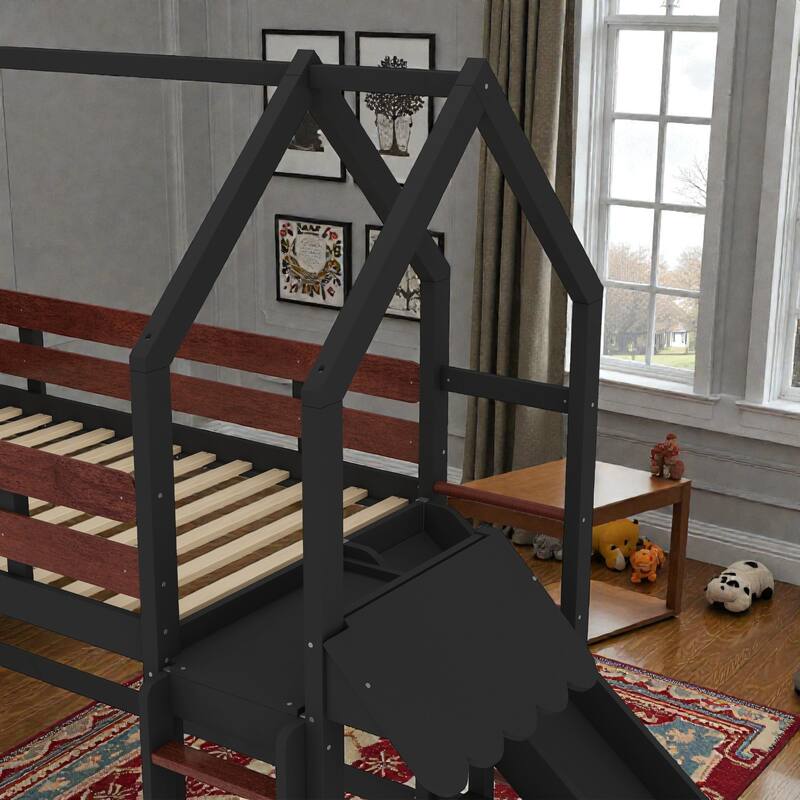 Twin Loft Bed with Slide and Bookshelf, Kids House Bed with Stairs, Safety Rails, Playful Design