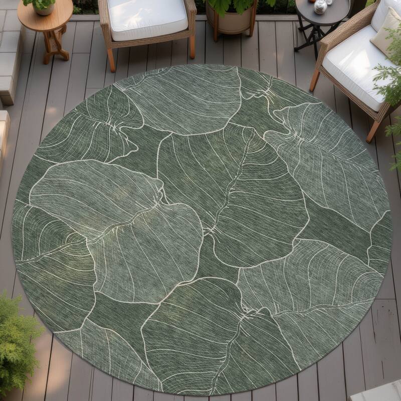 Machine Washable Indoor/ Outdoor Tropical Floral Chantille Rug - Basil - 8' x 8'