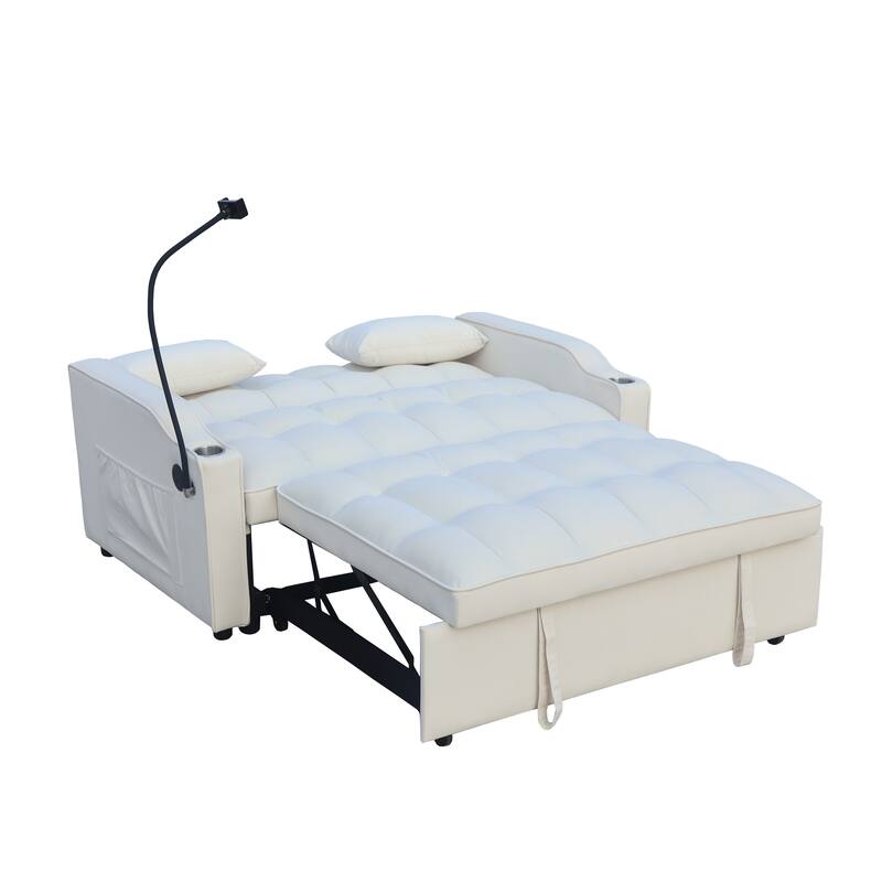 Pull-Out Sofa Bed with Phone Holder, Foldable Sleeper Sofa Bed with Two Pillows, Loveseat Sofa with Cup Holder
