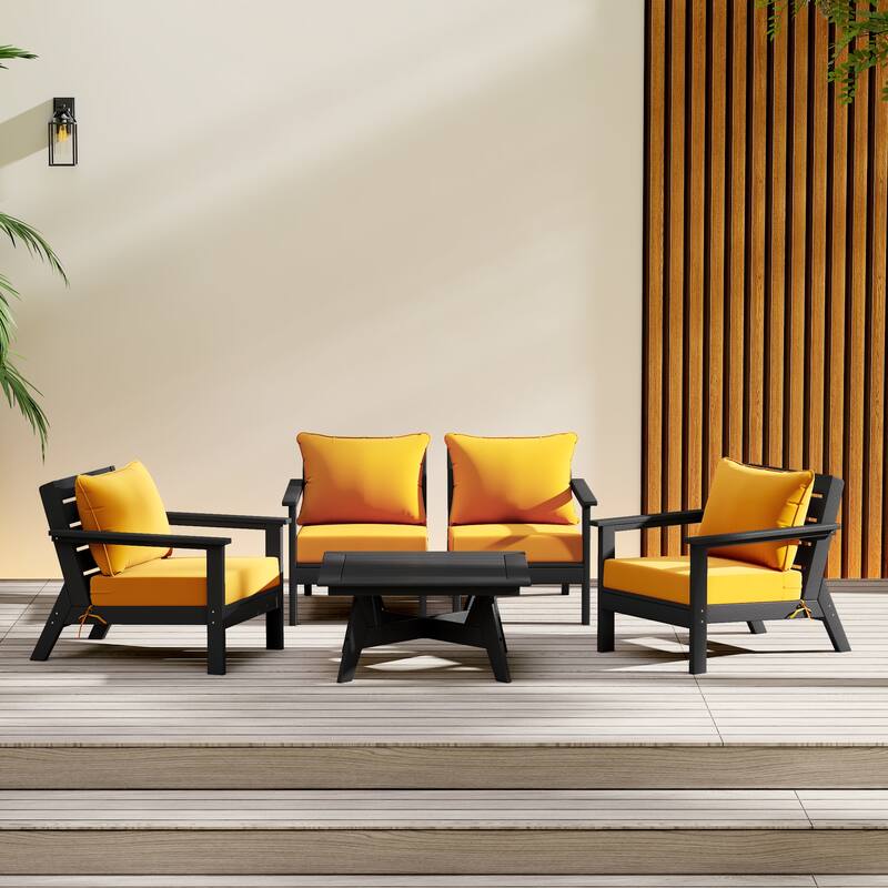 Birchwood All Weather HDPE Outdoor Patio Black Deep Seating Conversation Set (5-Piece Set) - Black/Yellow