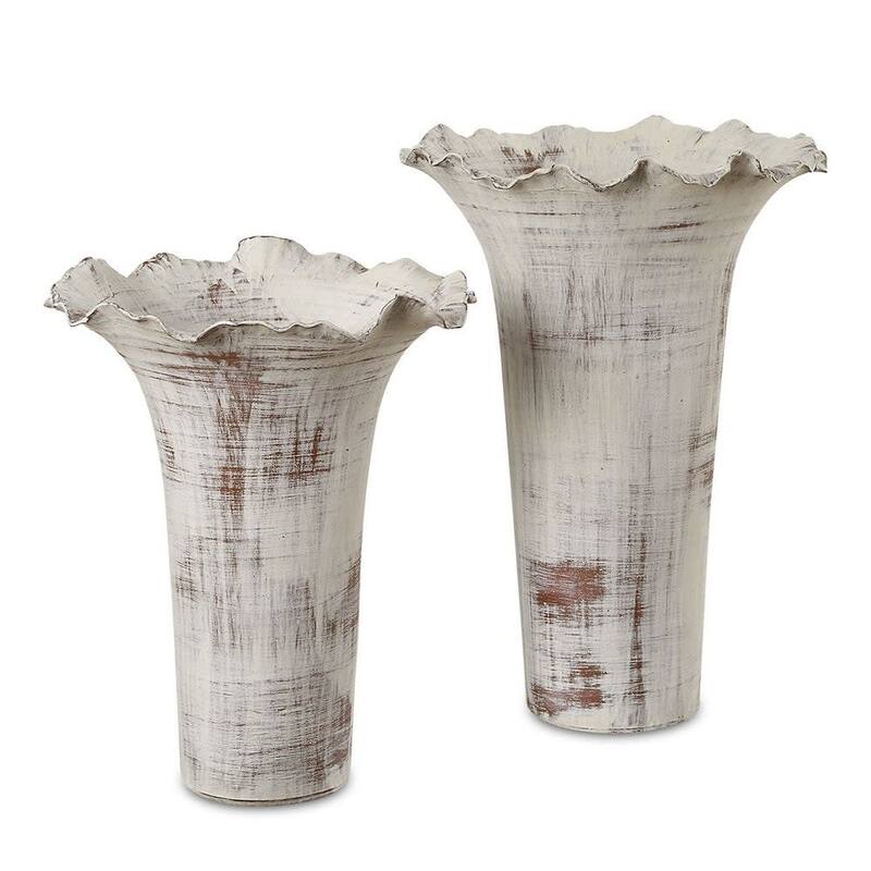 Uttermost 18174 Ruffled Petal 16" Tall Porcelain Vase - Set of 2 - Distressed White