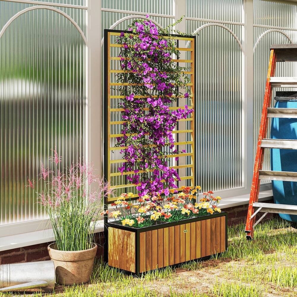 Outsunny Wooden Raised Garden Bed with Trellis, Removable Pots, Raised Planter Box for Climbing Vines, Vegetables, Flowers.