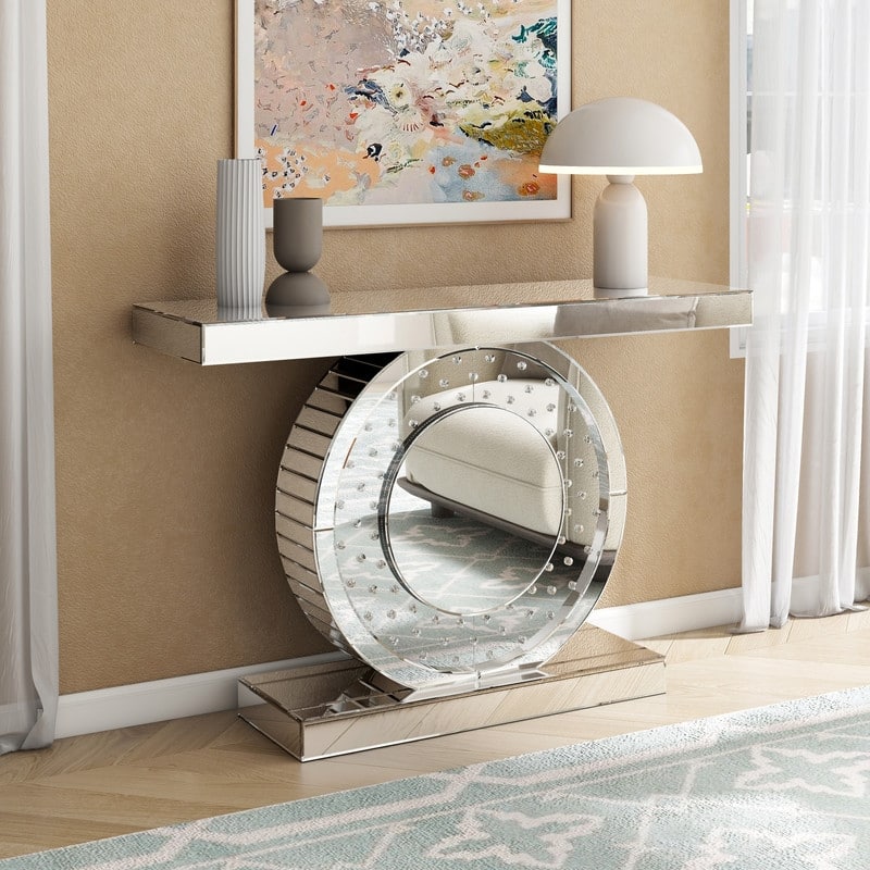 Modern Console Table with Crystal Base Entryway Sofa Table - Silver - Mirror/Glass