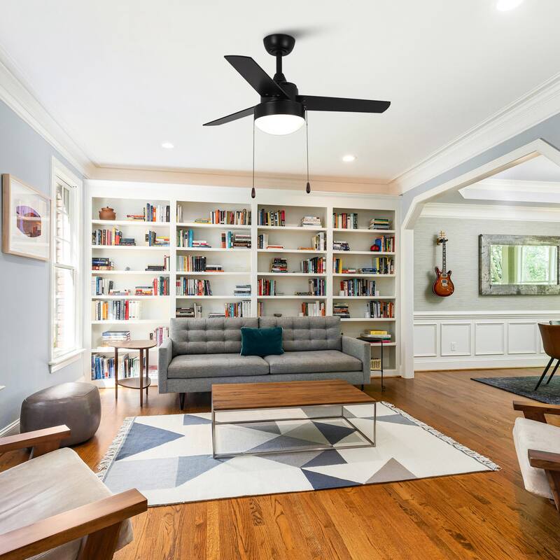 42" Modern Black Wooden Indoor Ceiling Fan Light with Pull Chain