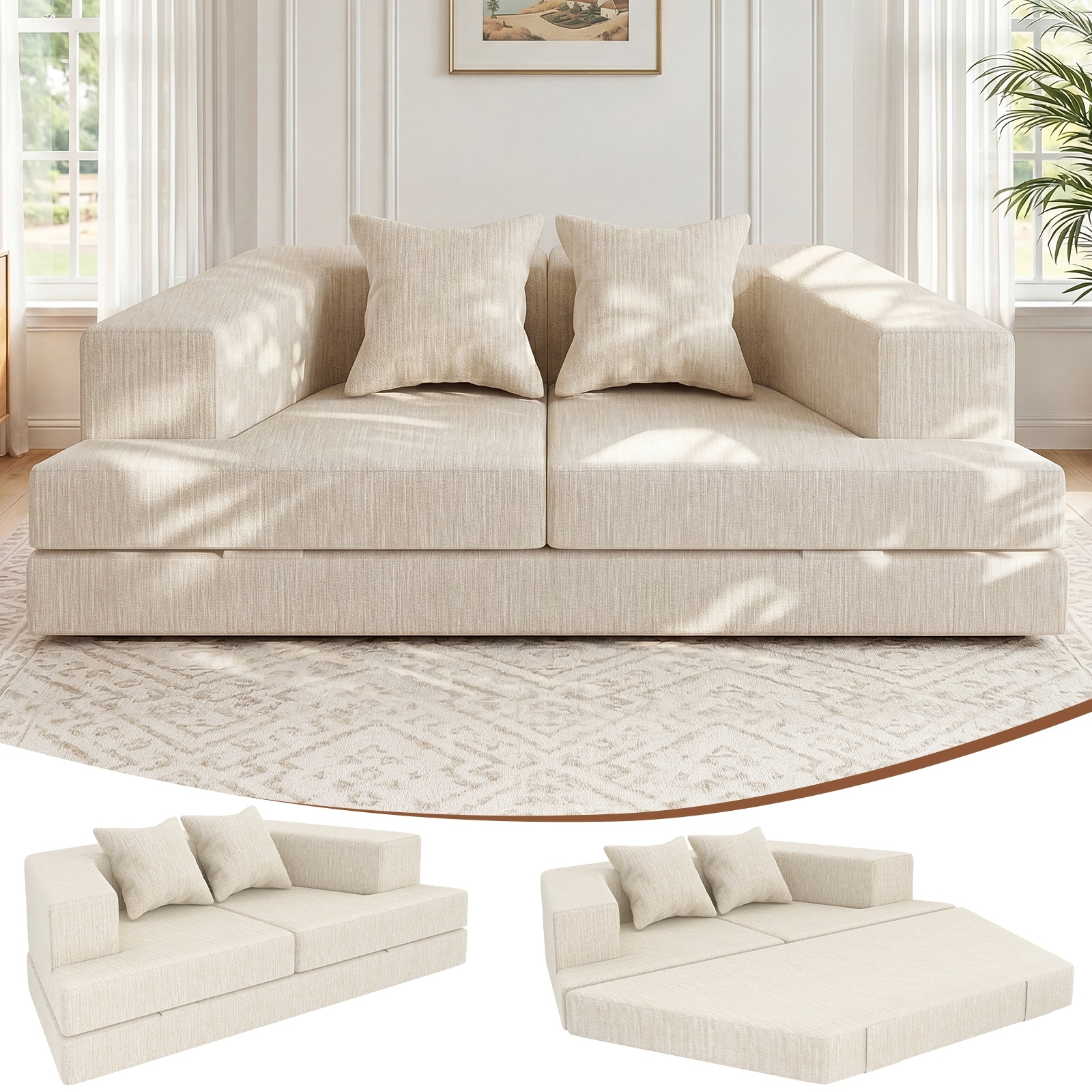 Modern Convertible Loveseat Sofa Bed, 2‑Seater Folding Sleeper Couch with 2 Accent Pillows