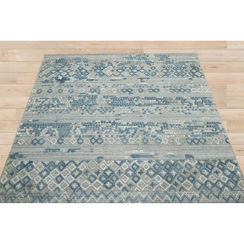 Hand Knotted Textured Gray,Blue Tibetan Wool Modern Oriental Area Rug - 6' x 8' 11''
