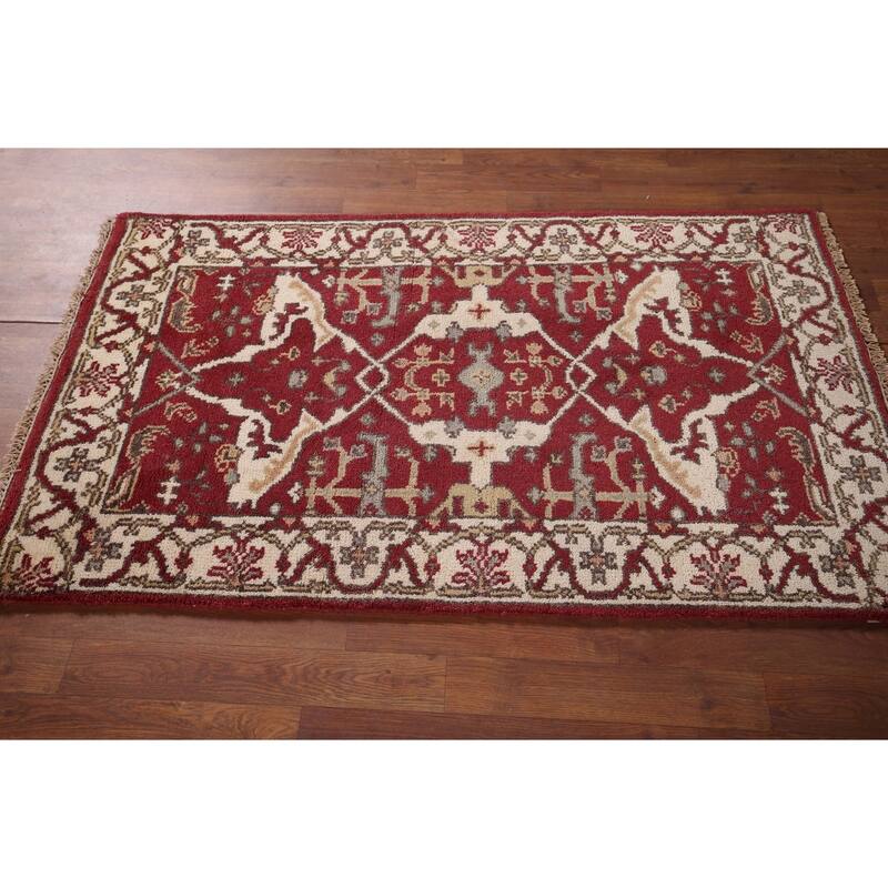Red & Ivory Oushak Indian Accent Rug Hand-Knotted Wool Carpet - 2'11"x 4'9"