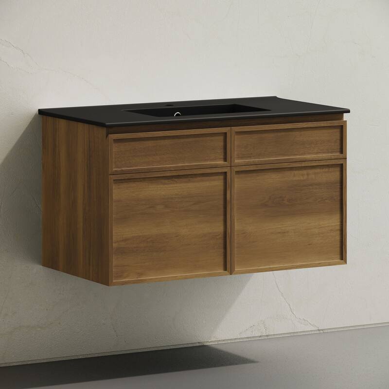 St. Tropez 36" Wall-Mounted Bathroom Vanity In Brown Oak With Black Sink Top - 36