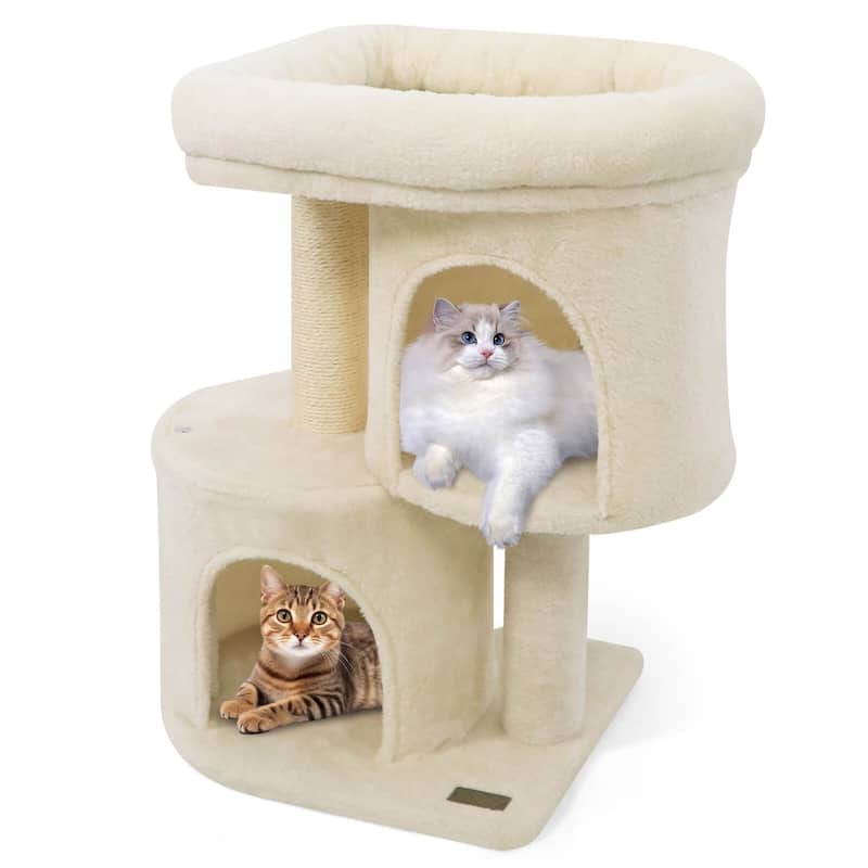 Costway 26” Small Cat Tree with Large Padded Plush Perch, 2 Condos, - See Details - Beige