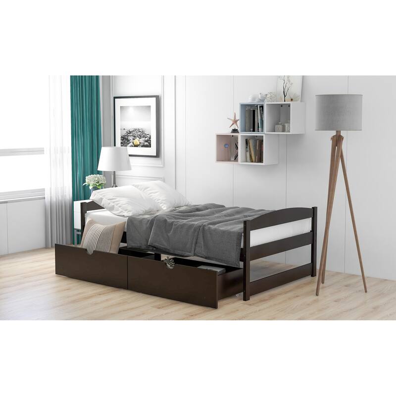 Twin Size Platform Bed with 2 Drawers in Espresso Finish, Space-Saving Storage