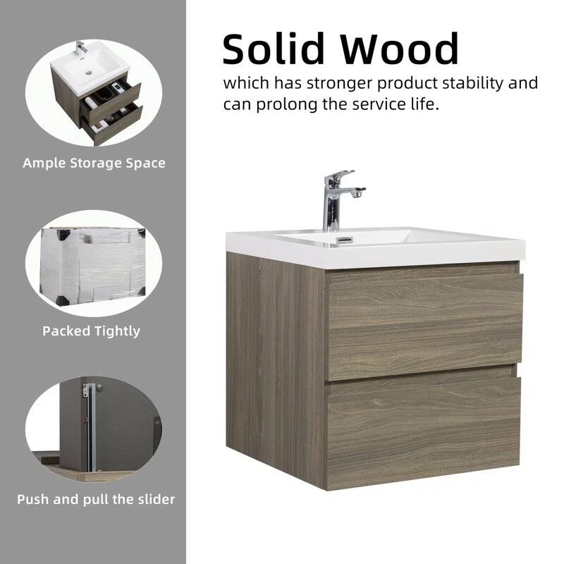 ABRUZZO 24" Floating Single Bathroom Vanity Wall-Mounted with Integrated Resin Top Basin 2 Soft Close Drawers Full Assembly