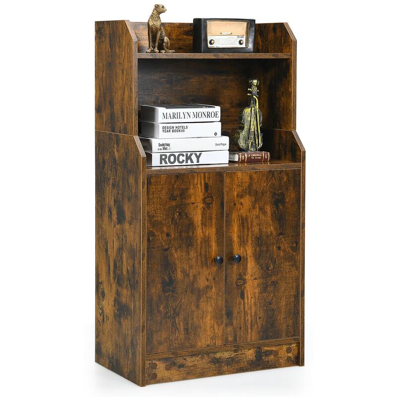 Gymax Storage Cabinet Bookcase w/2 Doors and Open Shelves Display - Rustic Brown