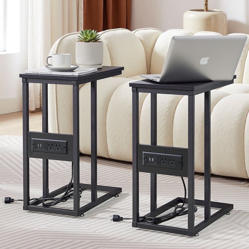 Javlergo Set of 2 C-Shaped End Tables with Charging Station Outlets & USB Fits Sofa Bed for Small Spaces Nightstand & Sofa Table - Black