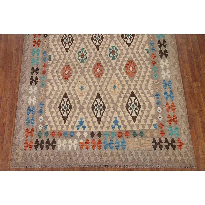 Hand Woven Oriental 100% Wool Carpet Southwestern All-Over Beige & Ivories Kilim Area Rug - 9' 7'' X 6' 9''