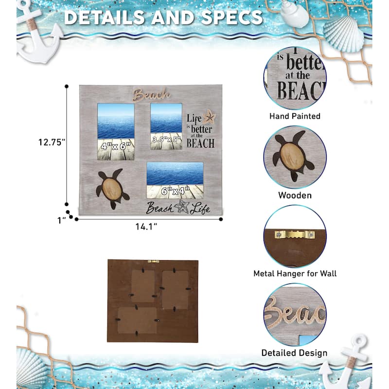 CoTa Global White Distressed Wood Coastal Sea Turtle Multi Photo Frame - 14 inches