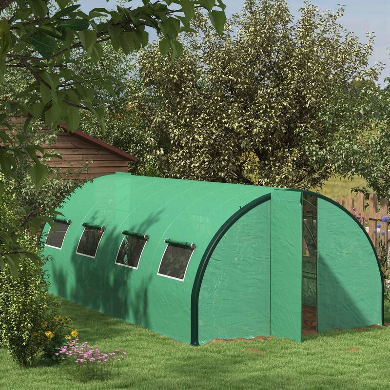 Outsunny 19.7' x 10' x 6.6' Walk-in Tunnel Greenhouse with Upgraded Structure, Outdoor Green House with 2 Hinged Doors - Plastic
