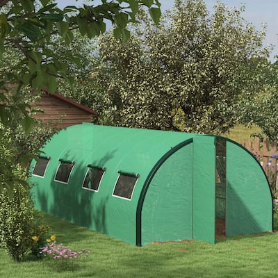 Outsunny 19.7' x 10' x 6.6' Walk-in Tunnel Greenhouse with Upgraded Structure, Outdoor Green House with 2 Hinged Doors