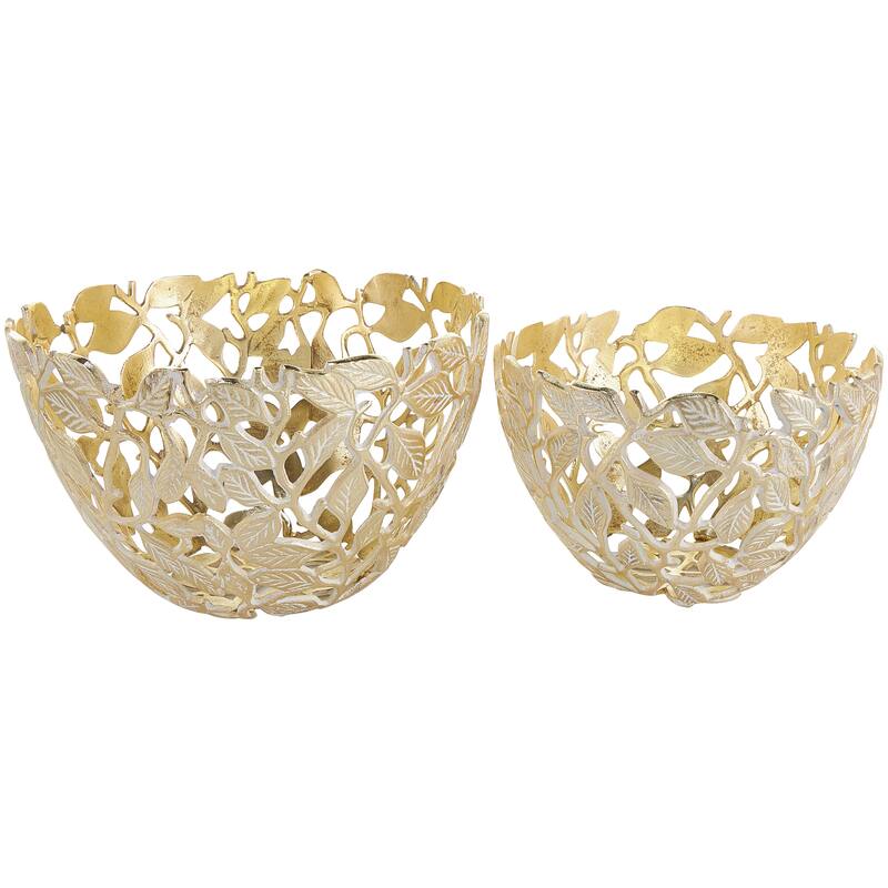 Gold Aluminum Metal Leaf Decorative Decorative Bowl with White Detailing (Set of 2)