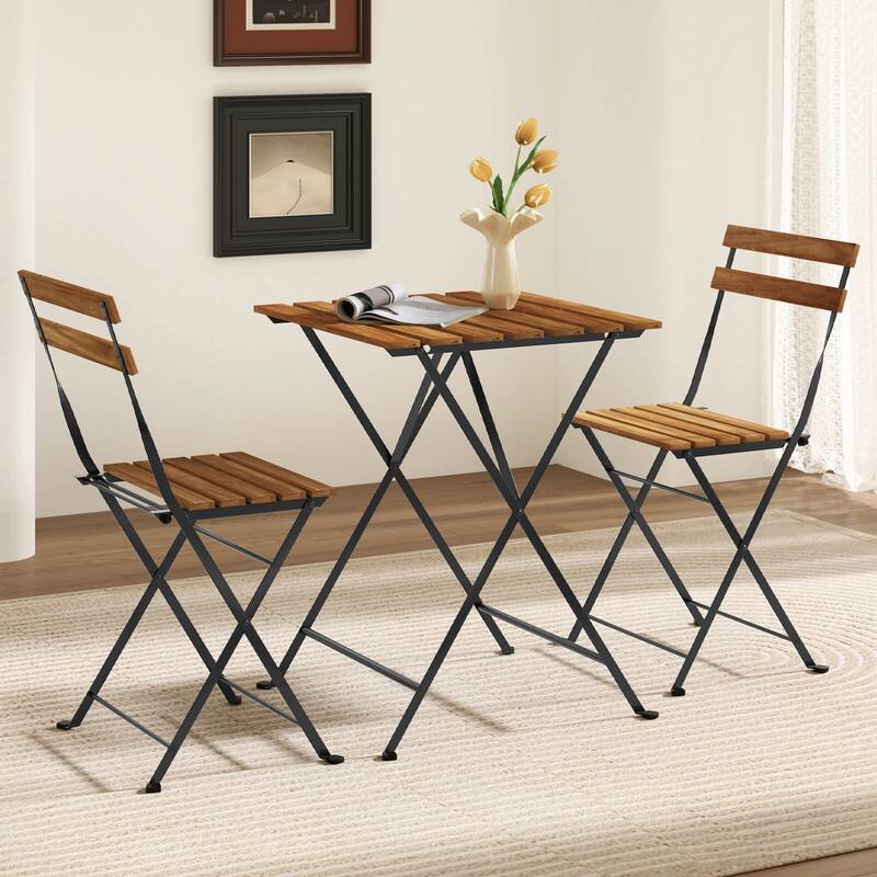 Costway 3 PCS Patio Acacia Wood Bistro Set Bistro Table with 2 Folding - See Details