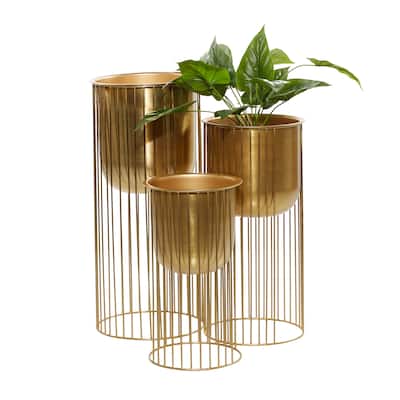 Metal Deep Recessed Dome Planter with Elevated Caged Stand - Set of 3 Gold - Roche River Decor - 11"Wx11"Lx24"H