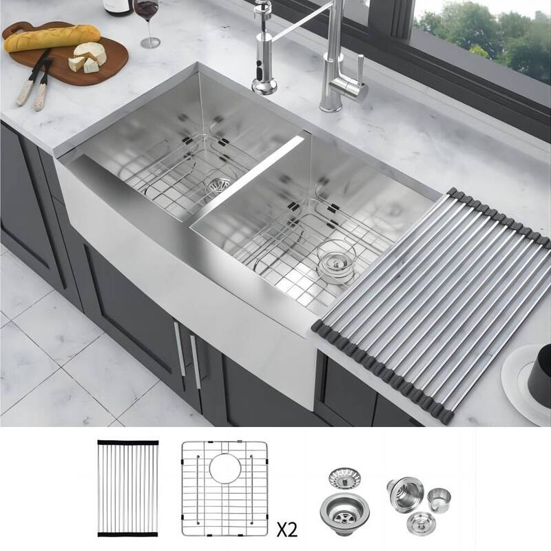 33 in 36 in Double Bowl (50/50) Farmhouse Sink Apron Front Kitchen Sink