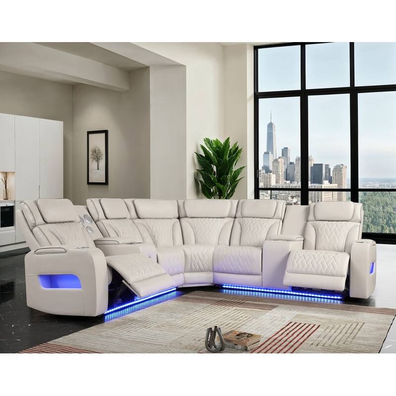 Jazz 117"W Leather Aire Power Reclining Sectional Sofa w/Power Headrest, Bluetooth Speakers, LED, USB, Storage & Cupholders - Ice