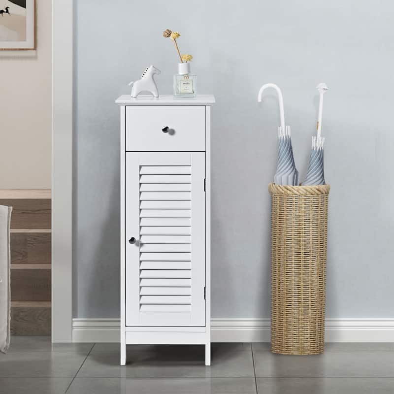 Gymax Bathroom Floor Storage Cabinet Side Wooden Organizer w/ Drawer & - See Details
