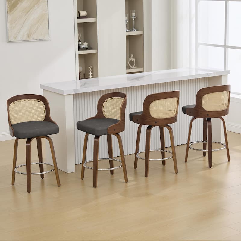 26" Upholstered Swivel Counter & Bar Stool with Rattan Back - 37.4"H x 19.09"W x 19.88"D