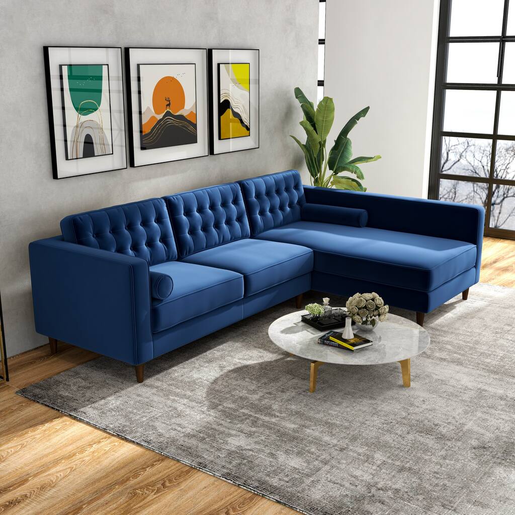 Ora Tufted Modern Living Room Velvet Corner Sectional Sofa in Navy Blue