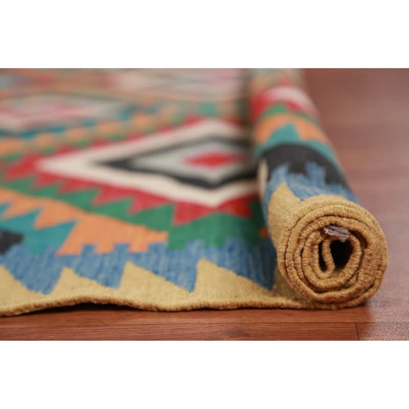 Hand Woven Oriental 100% Wool Carpet Southwestern Geometric Multi-Colored Kilim Area Rug - 8' 5'' X 5' 3''