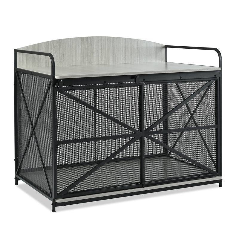 Wood Large Dog Crate Furniture with Curved Back Panel and Sliding Door, Dog Kennel Indoor End Table, Decorative Pet House