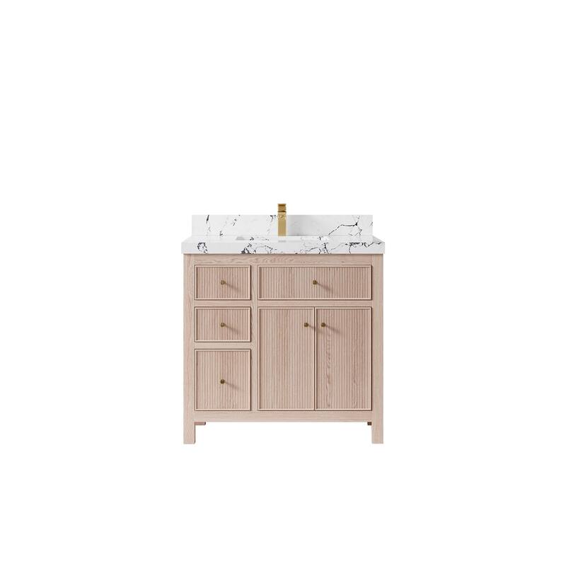Willow Collections 36 x 22 Sonoma Oak Wood Center Sink Right Bathroom Vanity with Quartz or Marble Countertop - 2"Viola Night - White Oak