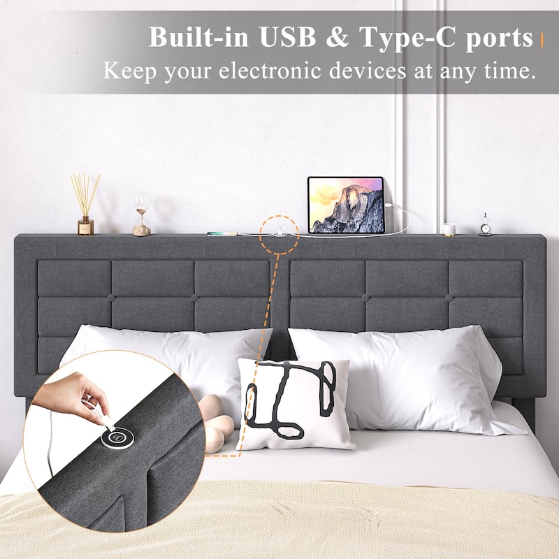 Javlergo Full Queen Size Bed Frame with USB Charging Station Adjustable Height Upholstered Headboard No Box Spring Needed