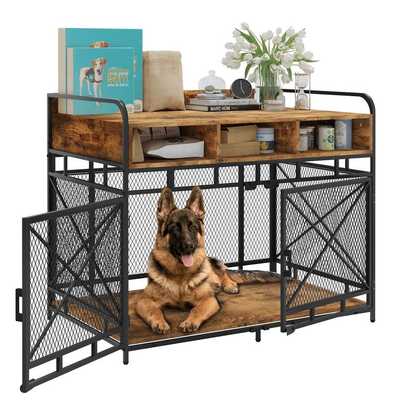 BOSSIN Large Dog Crate Furniture,Wooden Dog Kennel Table with Storage Drawers, Heavy Duty Metal Mesh,Decorative Pet House Indoor - Brown