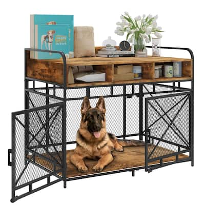 BOSSIN Large Dog Crate Furniture,Wooden Dog Kennel Table with Storage Drawers, Heavy Duty Metal Mesh,Decorative Pet House Indoor