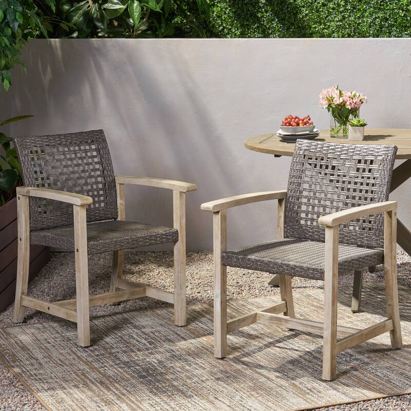 2pc Hampton Dining Chair Set Black Grey Velvet Acacia Wood Wicker Outdoor Patio 33in
