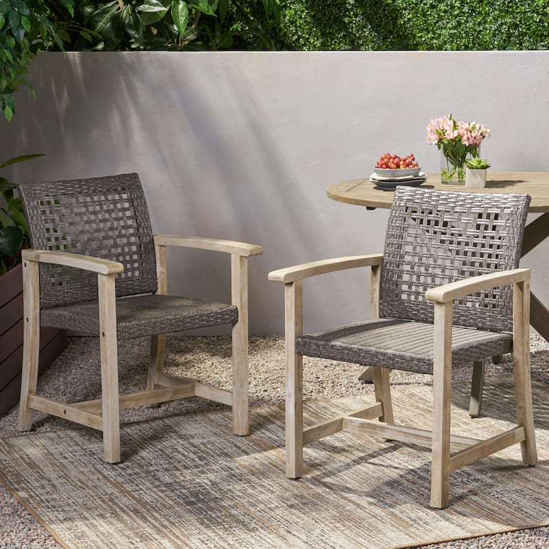Roomfitters Outdoor Dining Chairs Set of 2, Acacia Wood Patio Armchairs with Woven Seat and Backrest