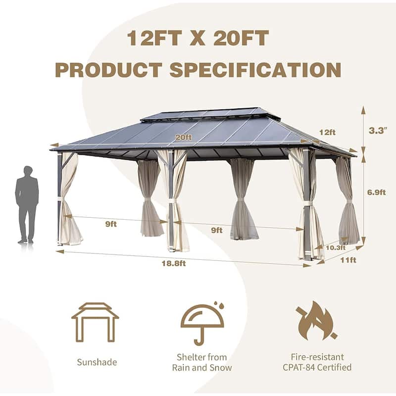EROMMY Hardtop Gazebo, Waterproof Aluminum Pavilion with Netting & Curtains for Patio, Garden